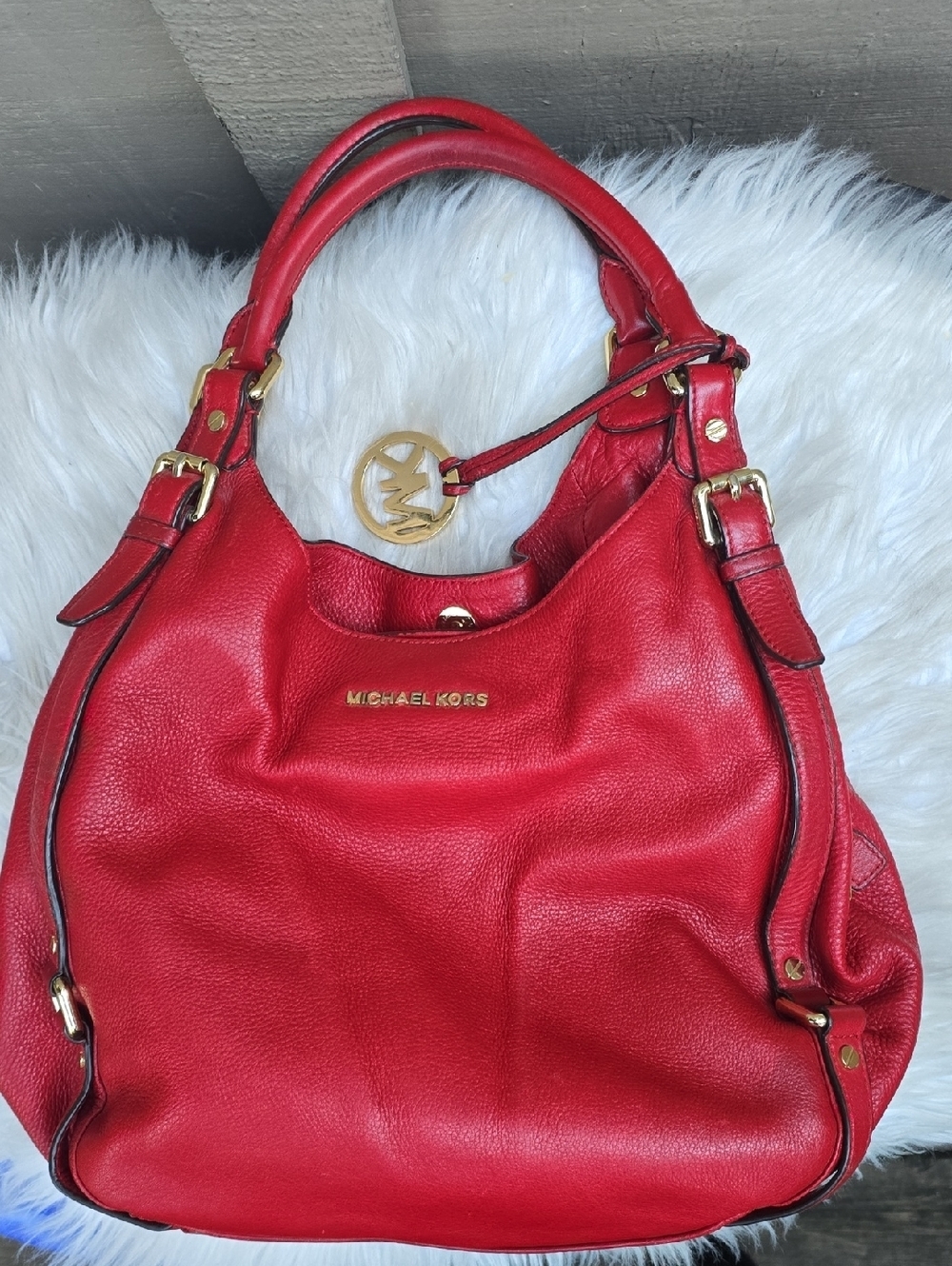 Michael Kors Red Leather Bedford Bowling Satchel Shoulder Handbag